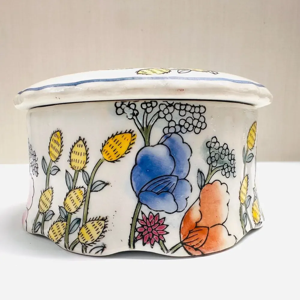 Vintage Floral Asian Trinket Jewelry Storage Box Lidded